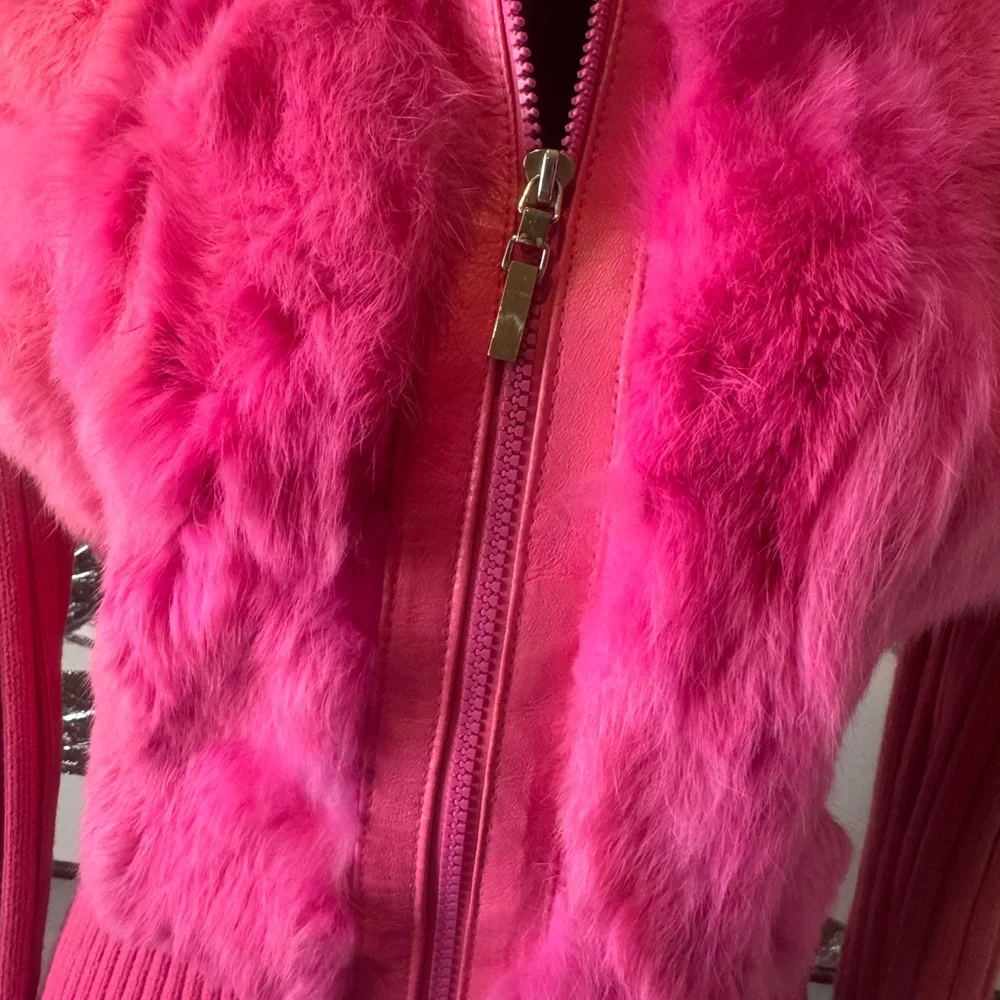Vintage Jennyfer J Pink Rabbit Fur & Knit Zip-Up Jacket - Picture 2 of 6